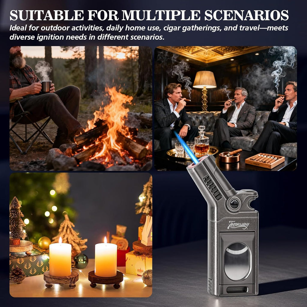 Torch Lighter with Windproof Single Jet Flame, Straight & V Cutters, Cigar Draw Enhancer, Refillable Butane Torch Lighter, Gift for Cigar Lovers (Butane Not Included)