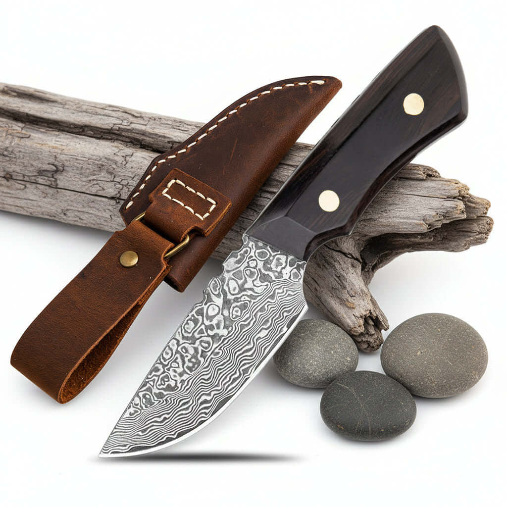 Damascus Outdoor Knife – Leather Scabbard EDC Knife