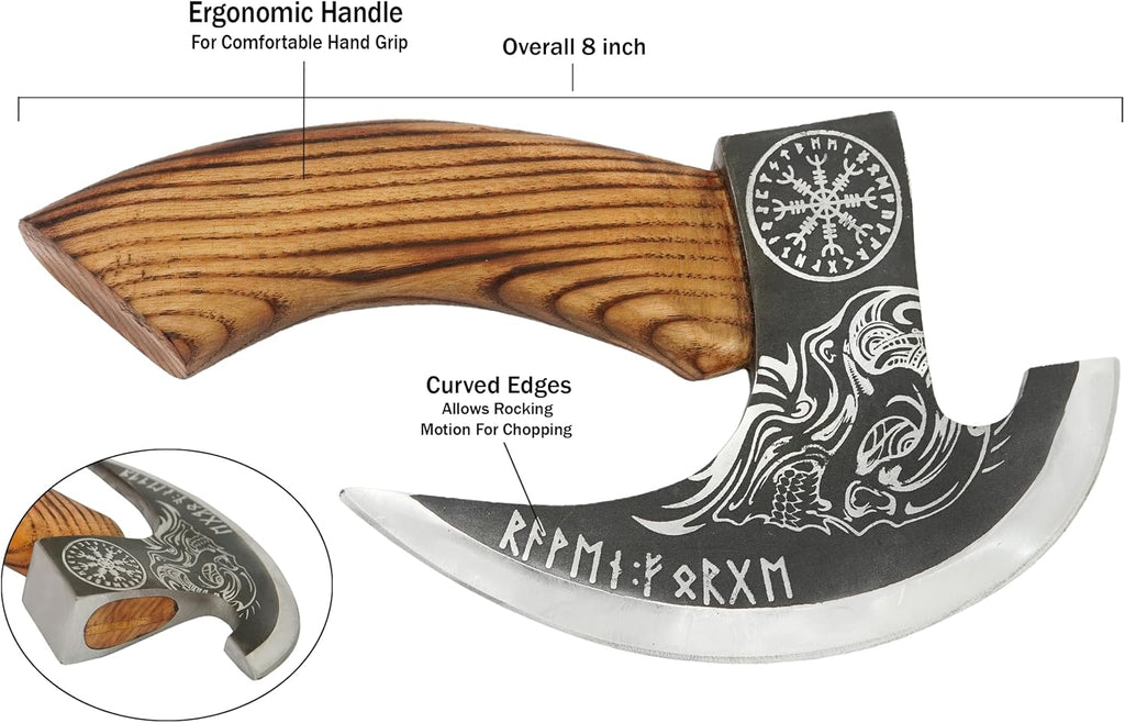 Handmade 8” Pizza Cutter, 6” Cutting Blade with Carbon Steel, Leather Sheath, Skull Design, Viking Style Pizza Cutter Axe Design. Multi-Purpose Cutter… (Dark Wood Handle)