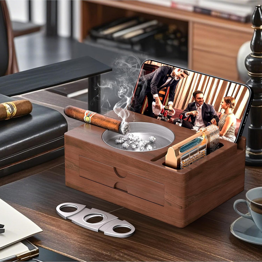 Wooden Cigar Ashtray with Lighter Slot & Accessories Drawer - 3-In-1 Holder Tray for Outdoor, Home Bar, Patio, Office Use - Gift Set for Men, Elegant Decoration Suitable (Brown)