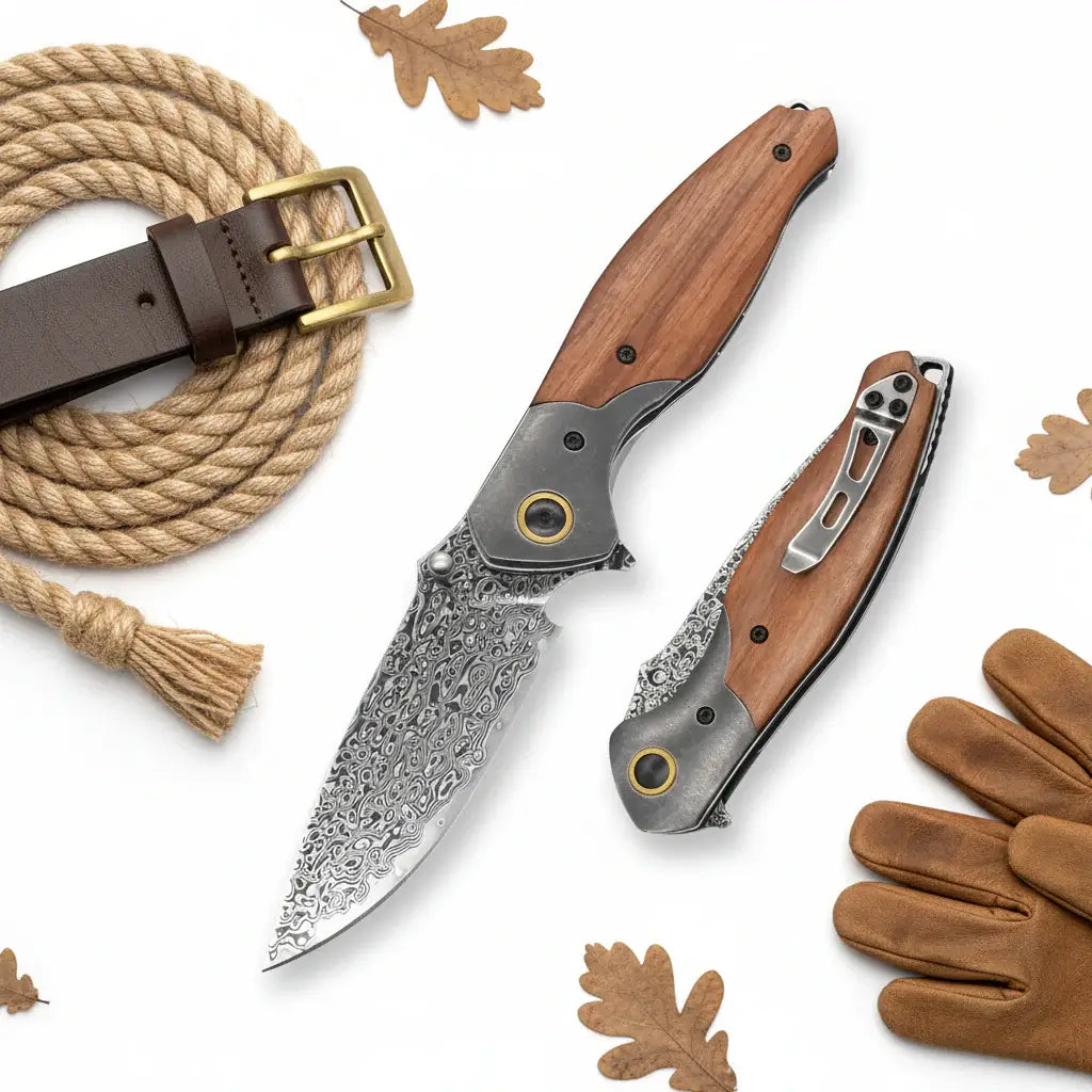 VG10 Damascus Steel Folding Knife – Premium EDC Pocket Knife with Mahogany Handle for Camping & Outdoor