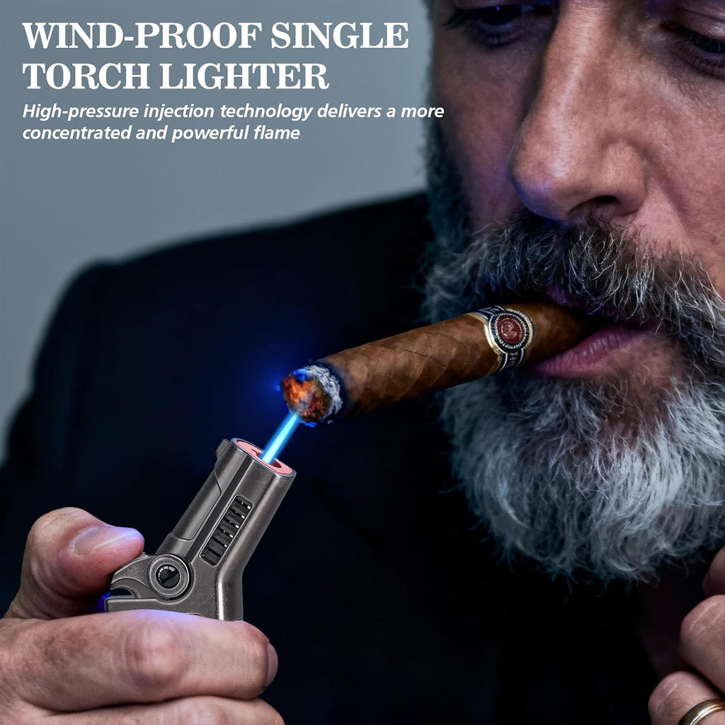 Torch Lighter with Windproof Single Jet Flame, Straight & V Cutters, Cigar Draw Enhancer, Refillable Butane Torch Lighter, Gift for Cigar Lovers (Butane Not Included)