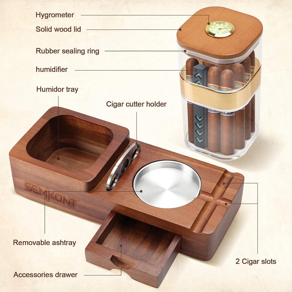 Cigar Humidor and Ashtray Set, Wooden Tray with Acrylic Humidor Jar, Cutter Holder, Drawer, Slot and Cigar Cutter Accessories, Home Gift Sets for Men