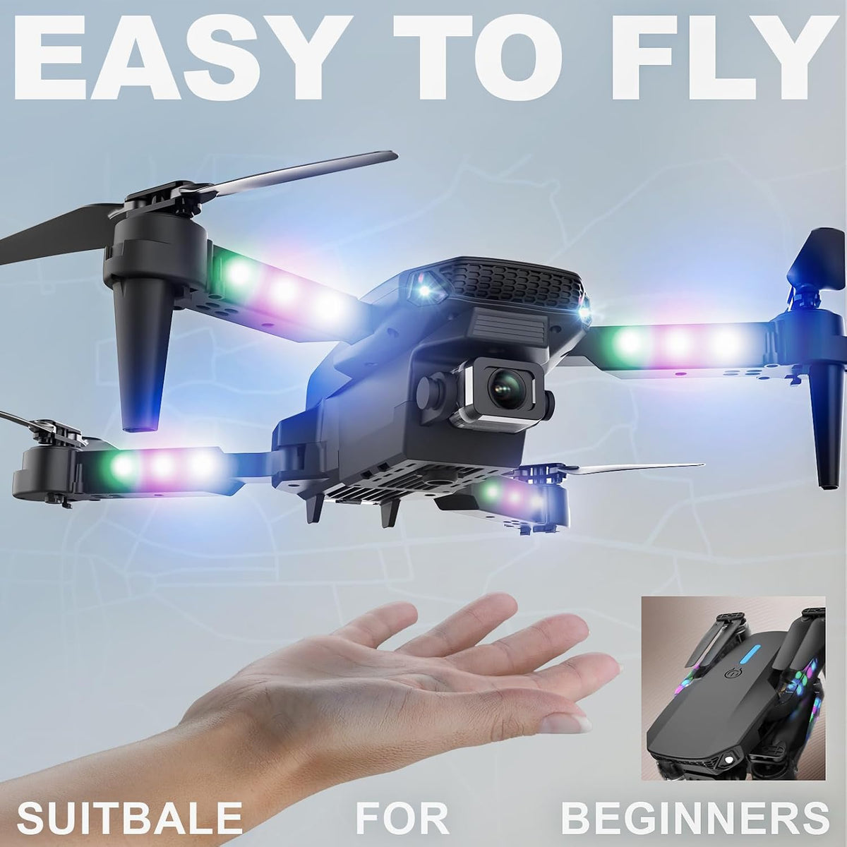 LED Lights Drone with Camera for Adults and Kids Beginners, Black