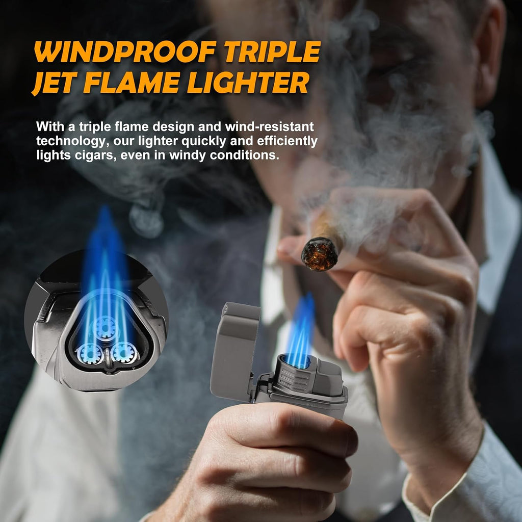 Cigar Torch Lighter, Multi-Function 3-In-1 Torch Lighter Gift for Men, Butane Lighters Built-In Cigar Holder & One-Touch Cigar Cutter V Cut, Windproof Triple Jet Flame Lighter for Men