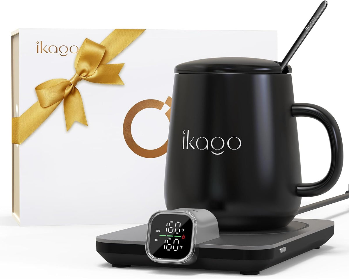 Coffee Cup Warmer &  Mug Set, 1℉ Precise Temp Control Mug Warmer | Auto Shut Off, Infrared Sensor, Dual Temp Display, ℉/℃ Optional, 15Oz Mug with Spoon & Lid Included, Gifts for Men Women