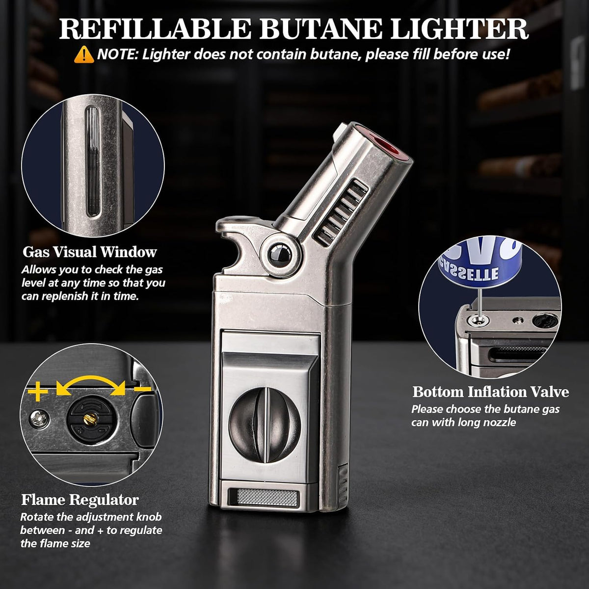 Torch Lighter with Windproof Single Jet Flame, Straight & V Cutters, Cigar Draw Enhancer, Refillable Butane Torch Lighter, Gift for Cigar Lovers (Butane Not Included)