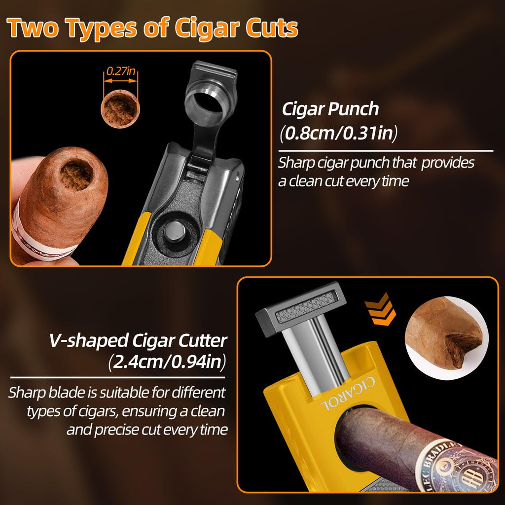 5-In-1 Cigar Lighter with Double Jet Flame, V-Cutter, Punch, Draw Enhancer & Cigar Rest, Windproof Refillable Butane Lighter, All-In-One Cigar Accessory Gift for Men