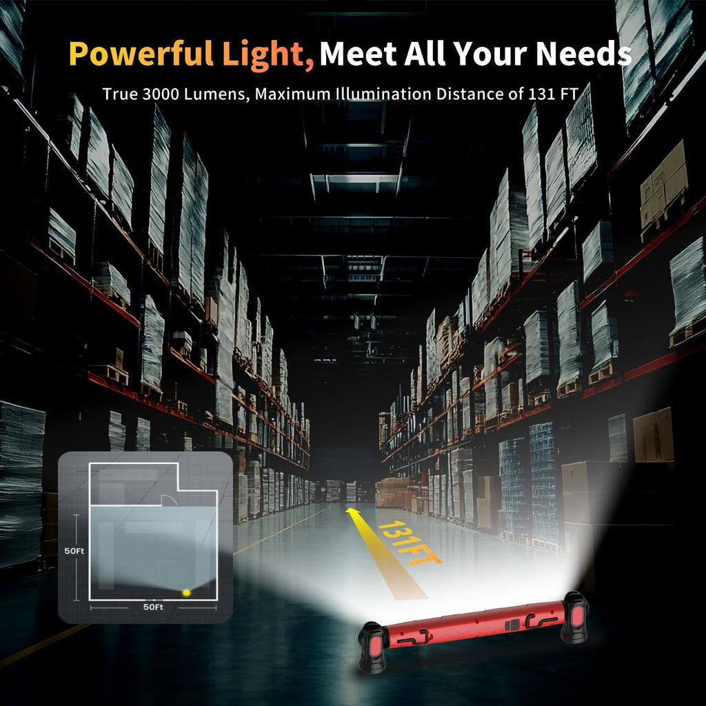 Magnetic Cordless under Hood Work Light Bar for Mechanics-Red | Rechargeable 5200Mah Battery, 3000 Lumens, N45 Magnets, 360° Hooks, IP54 Waterproof & IK08 Impact Resistant for Car Repairing