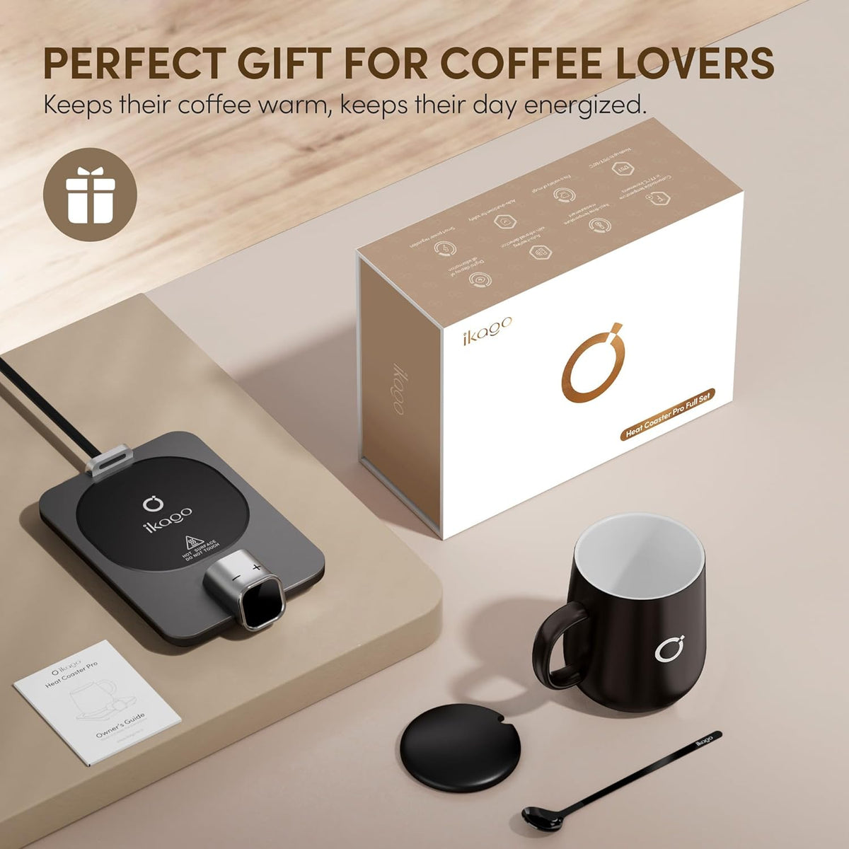 Coffee Cup Warmer &  Mug Set, 1℉ Precise Temp Control Mug Warmer | Auto Shut Off, Infrared Sensor, Dual Temp Display, ℉/℃ Optional, 15Oz Mug with Spoon & Lid Included, Gifts for Men Women