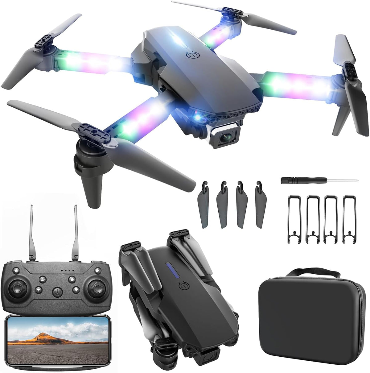 LED Lights Drone with Camera for Adults and Kids Beginners, Black