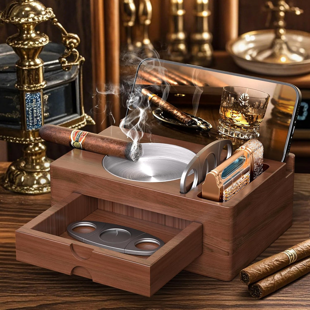 Wooden Cigar Ashtray with Lighter Slot & Accessories Drawer - 3-In-1 Holder Tray for Outdoor, Home Bar, Patio, Office Use - Gift Set for Men, Elegant Decoration Suitable (Brown)