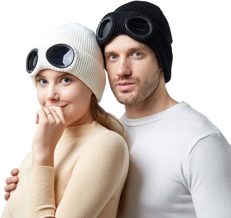 Knitted Goggles Beanie - Fleece Lined Winter Hat for Men Women