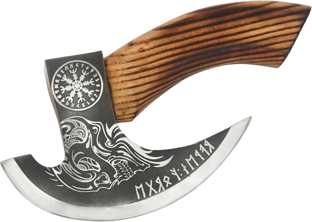 Handmade 8” Pizza Cutter, 6” Cutting Blade with Carbon Steel, Leather Sheath, Skull Design, Viking Style Pizza Cutter Axe Design. Multi-Purpose Cutter… (Dark Wood Handle)