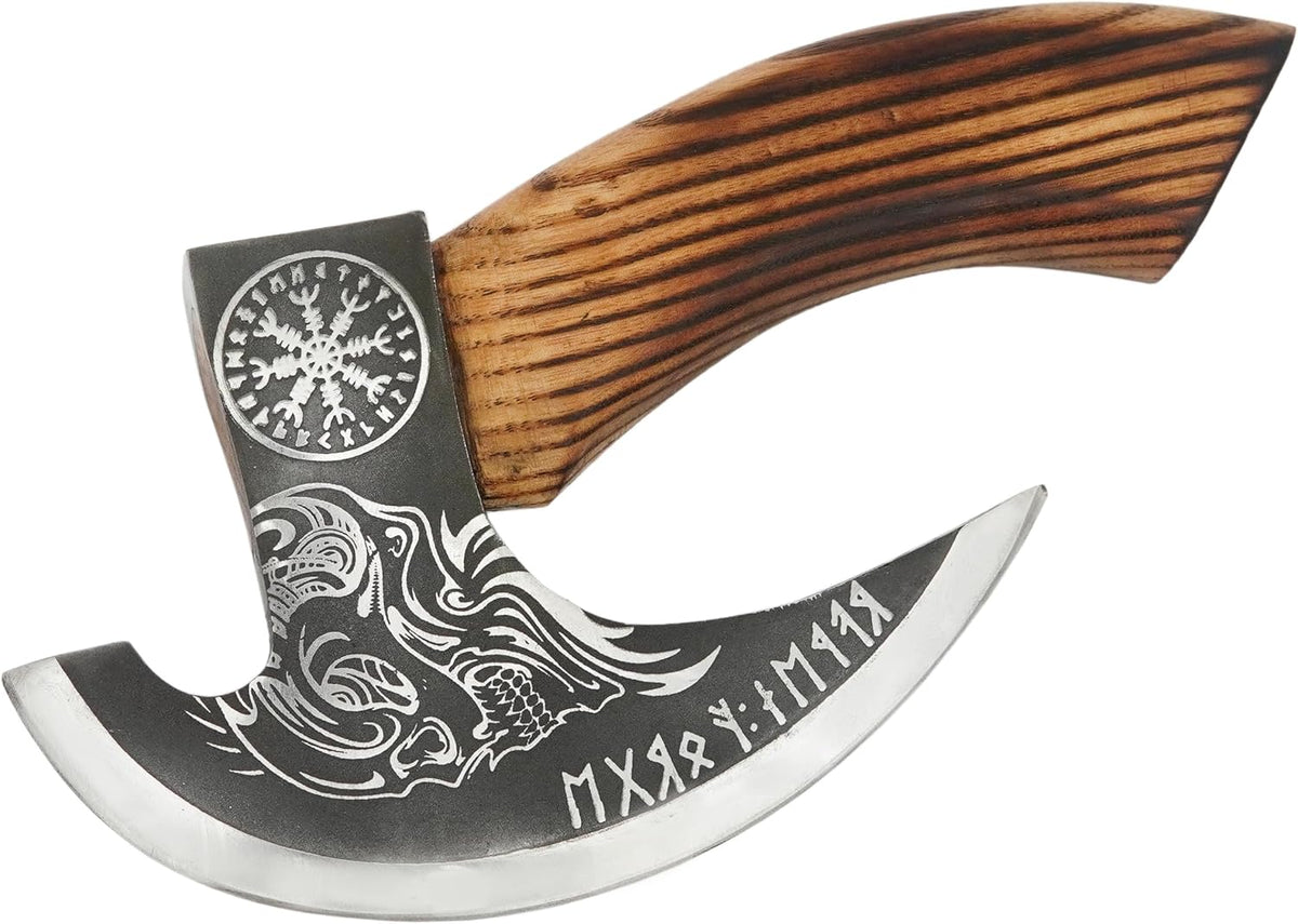 Handmade 8” Pizza Cutter, 6” Cutting Blade with Carbon Steel, Leather Sheath, Skull Design, Viking Style Pizza Cutter Axe Design. Multi-Purpose Cutter… (Dark Wood Handle)
