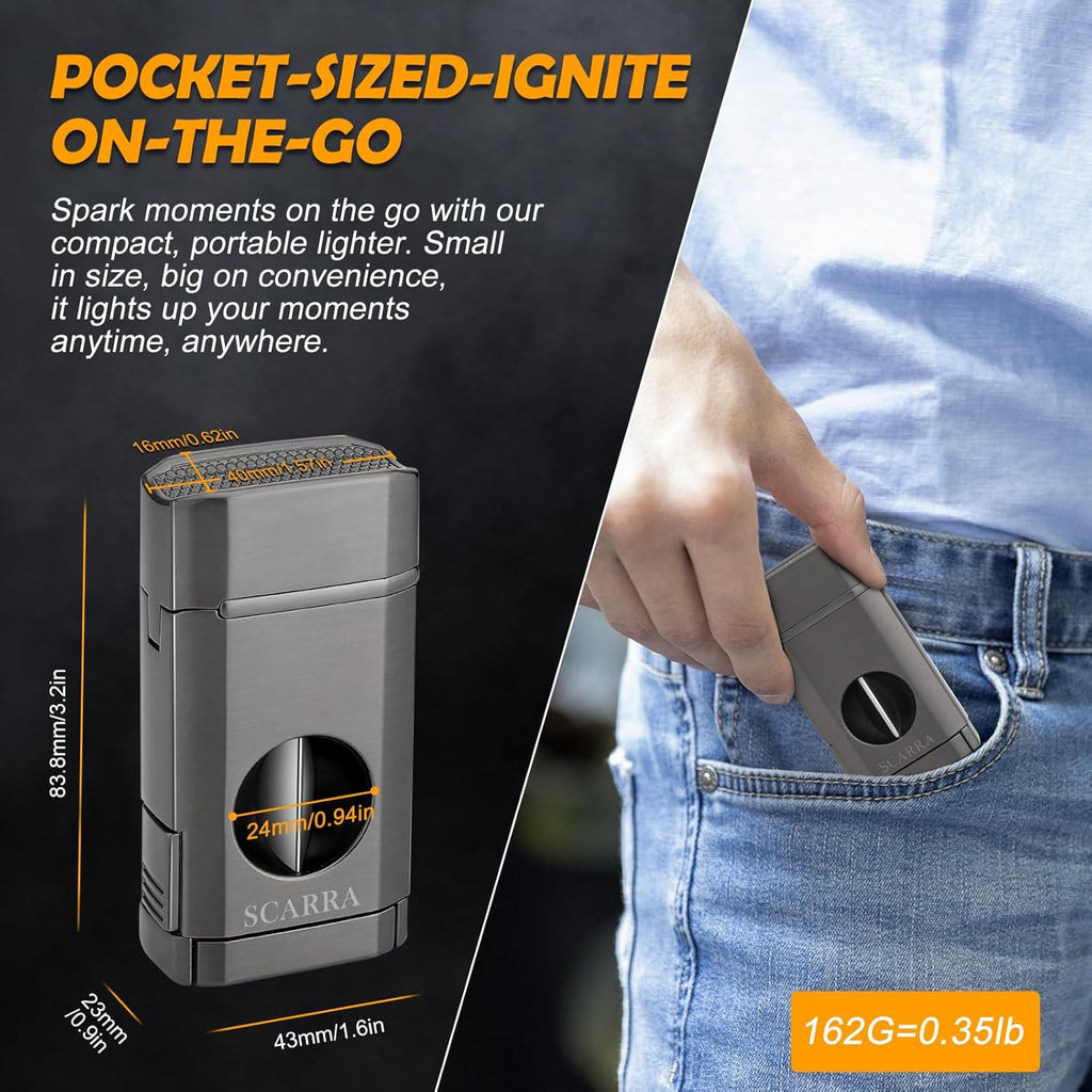 Cigar Torch Lighter, Multi-Function 3-In-1 Torch Lighter Gift for Men, Butane Lighters Built-In Cigar Holder & One-Touch Cigar Cutter V Cut, Windproof Triple Jet Flame Lighter for Men