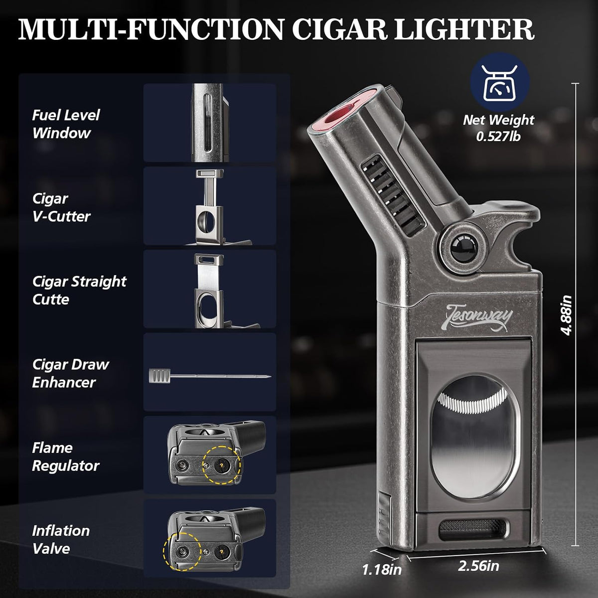 Torch Lighter with Windproof Single Jet Flame, Straight & V Cutters, Cigar Draw Enhancer, Refillable Butane Torch Lighter, Gift for Cigar Lovers (Butane Not Included)