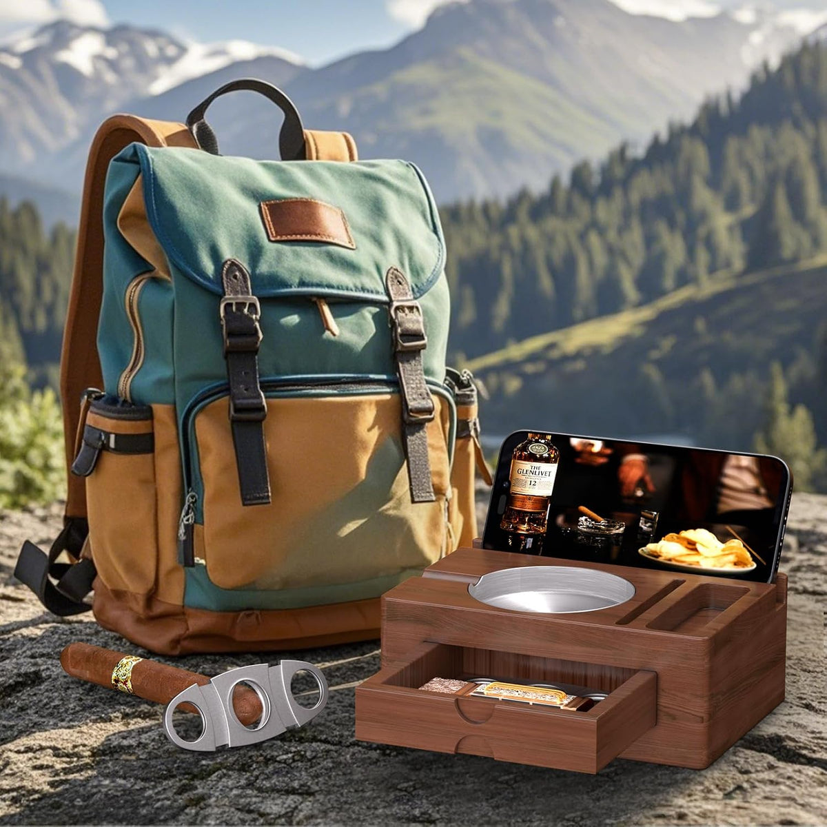 Wooden Cigar Ashtray with Lighter Slot & Accessories Drawer - 3-In-1 Holder Tray for Outdoor, Home Bar, Patio, Office Use - Gift Set for Men, Elegant Decoration Suitable (Brown)