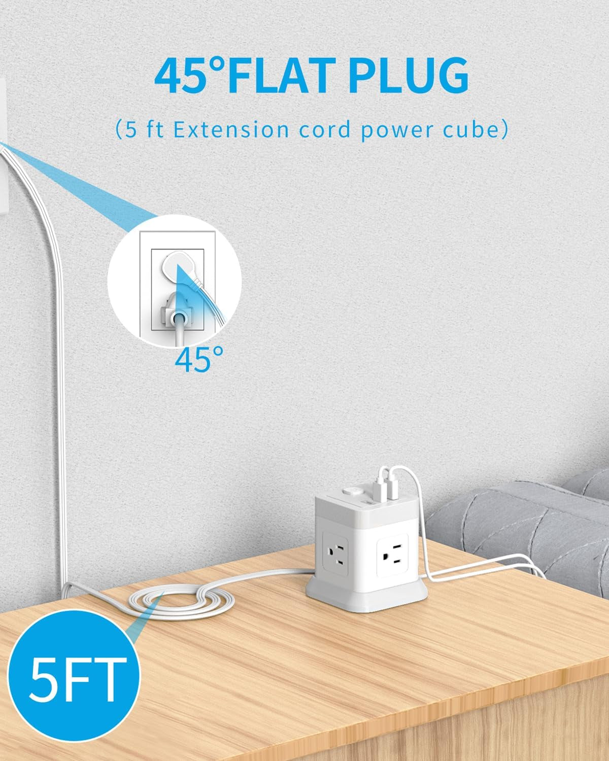 Power Strip USB C, 4 Outlets 3 USB Ports 5 FT Extension Cord White | Flat Plug Design Overload Protection Compact Portable Power Strip for Travel Home Office Desk & Bedroom Use ETL Listed
