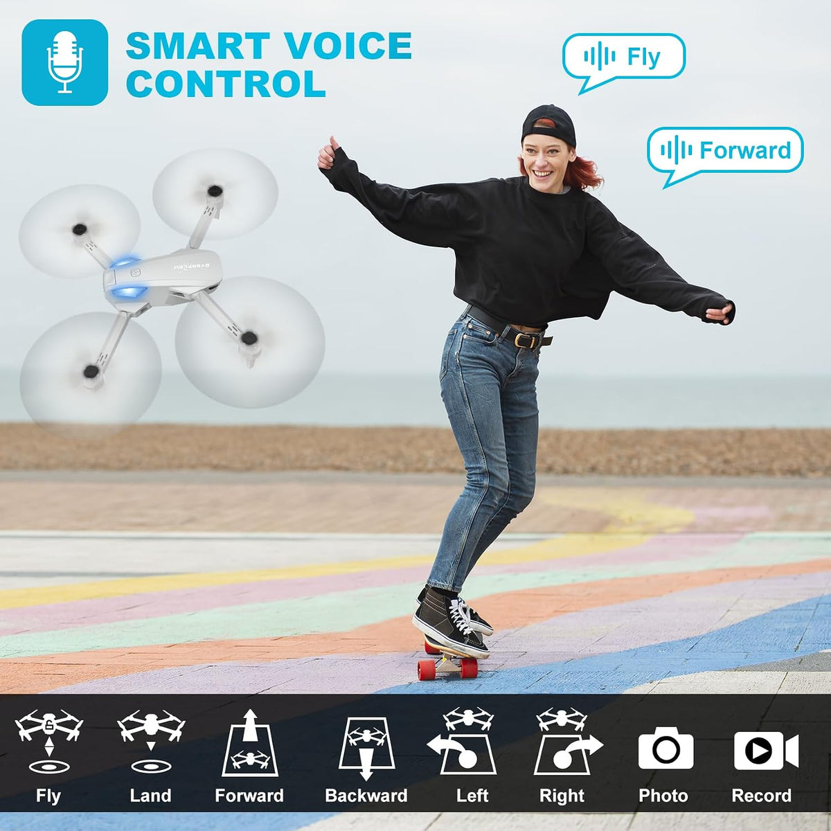Drone with 1080P Camera for Beginners and Adults, Foldable Remote Control Quadcopter with Voice Control, Gestures Selfie, Altitude Hold, One Key Start, 3D Flips, 2 Batteries, Not Water-Proof, Toy for Beginners