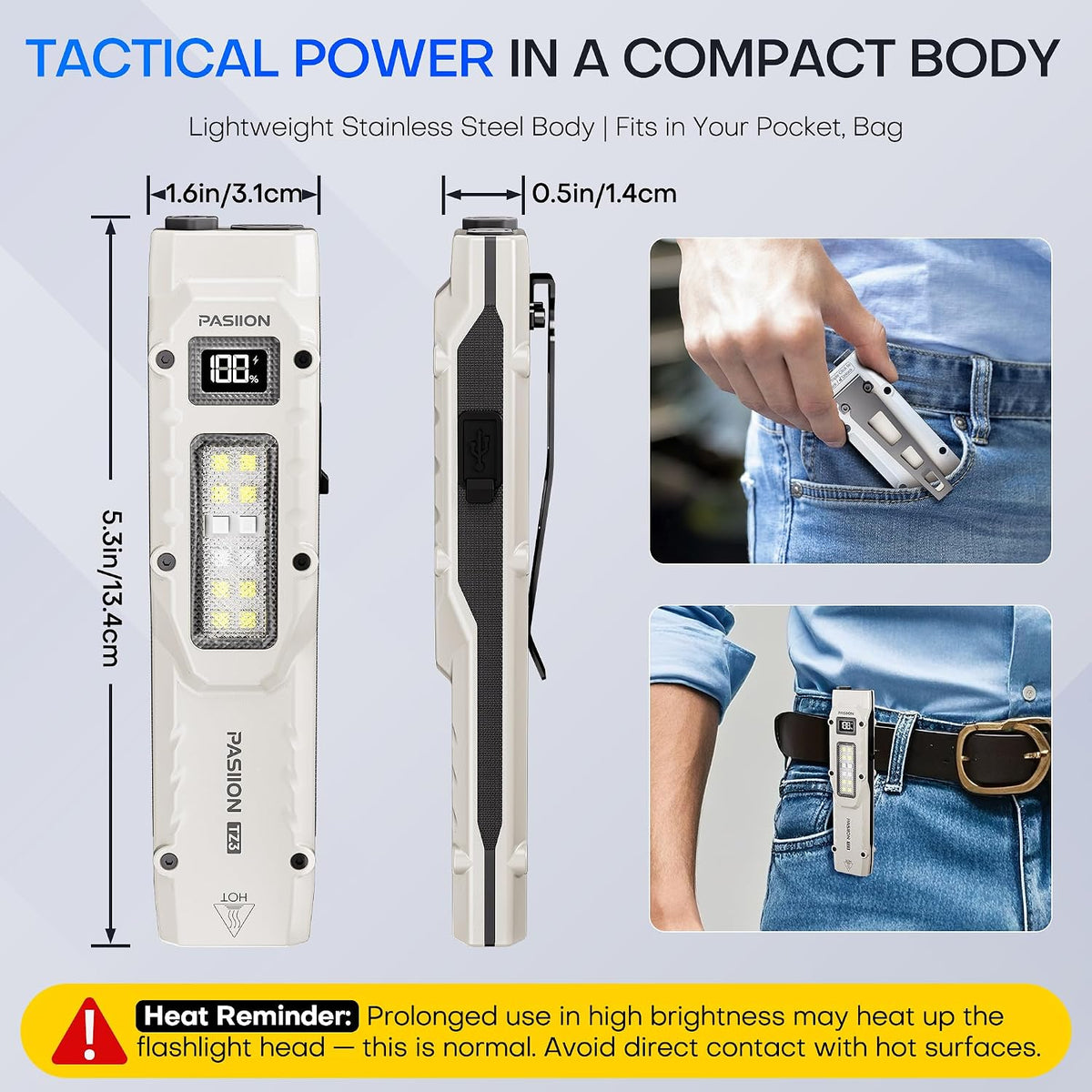 EDC Tactical Flashlight, Flat Flashlights Rechargeable,Dual-Switches LED Small Flashlight with Digital Display,Stainless Steel 8 Modes Pocket Flash Light for Home, Camping,And Emergency Use