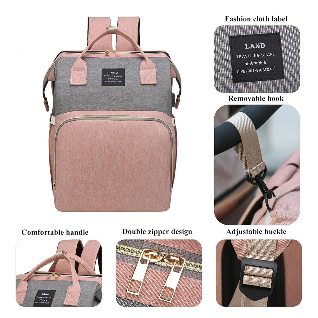 Baby Diaper Bags Backpack with Changing Station(Pink-Grey) | Waterproof Diaper Bag Backpack for Moms Dads with USB Charging Port,Large Capacity Multifunctional Baby Essentials