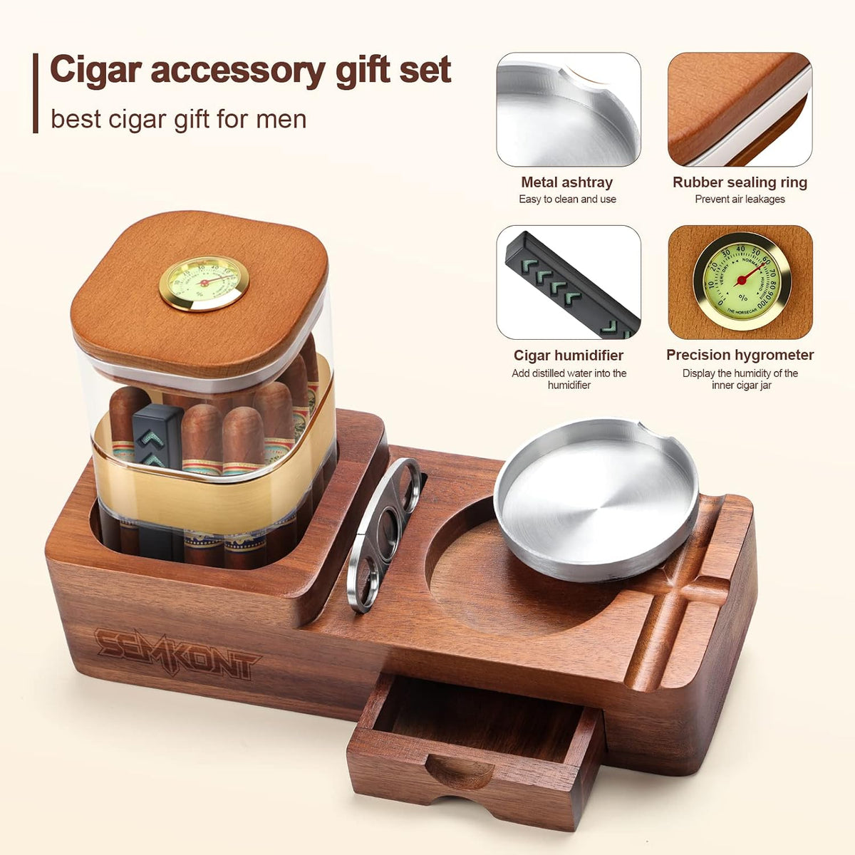 Cigar Humidor and Ashtray Set, Wooden Tray with Acrylic Humidor Jar, Cutter Holder, Drawer, Slot and Cigar Cutter Accessories, Home Gift Sets for Men