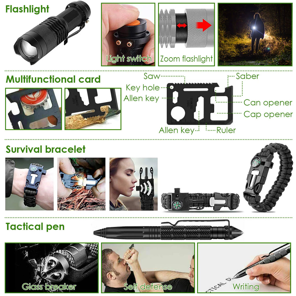 47Pcs Emergency Survival Kit Survival EDC Gear Equipment Tool First Aid Supplies Kit Tools with Pouch for Hiking Hunting Disaster Camping Adventure