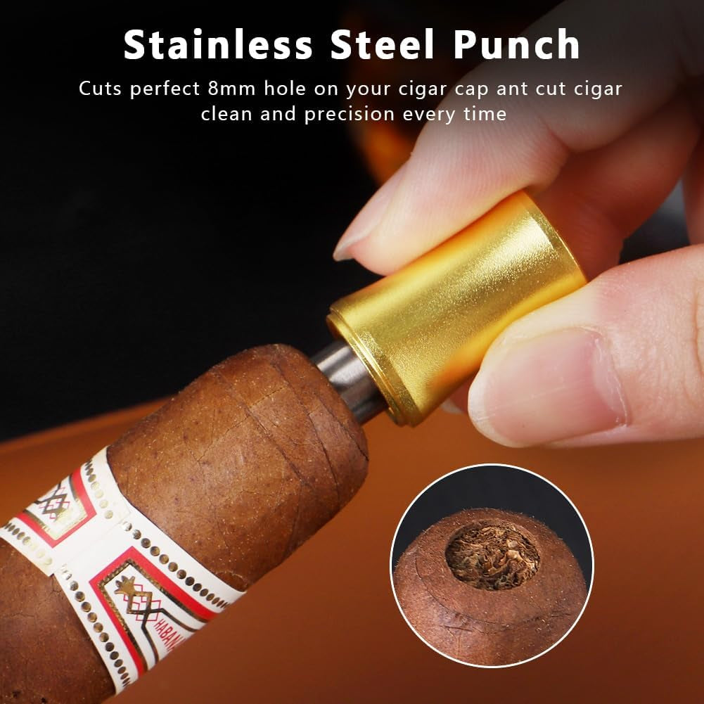 3-In-1 Cigar Punch Tool Set with Cigar Punch(8Mm), Cigar Draw Enhancer Cutter and Twin Nubber (Gold)