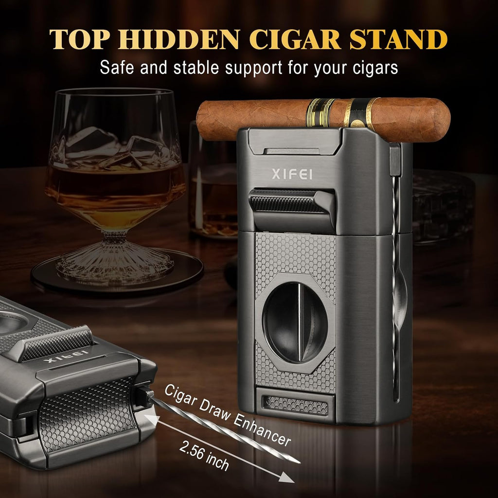 6-In-1 Cigar Lighter, Desktop Torch Lighter with Straight Cut V-Cut Cigar Cutter, Dual Cigar Punch, Cigar Draw Enhancer, Cigar Holder, 4 Jet Flame Refillable Butane Lighter Gift for Men (Gray)