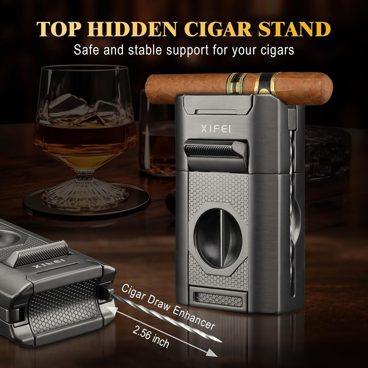 6-In-1 Cigar Lighter, Desktop Torch Lighter with Straight Cut V-Cut Cigar Cutter, Dual Cigar Punch, Cigar Draw Enhancer, Cigar Holder, 4 Jet Flame Refillable Butane Lighter Gift for Men (Gray)