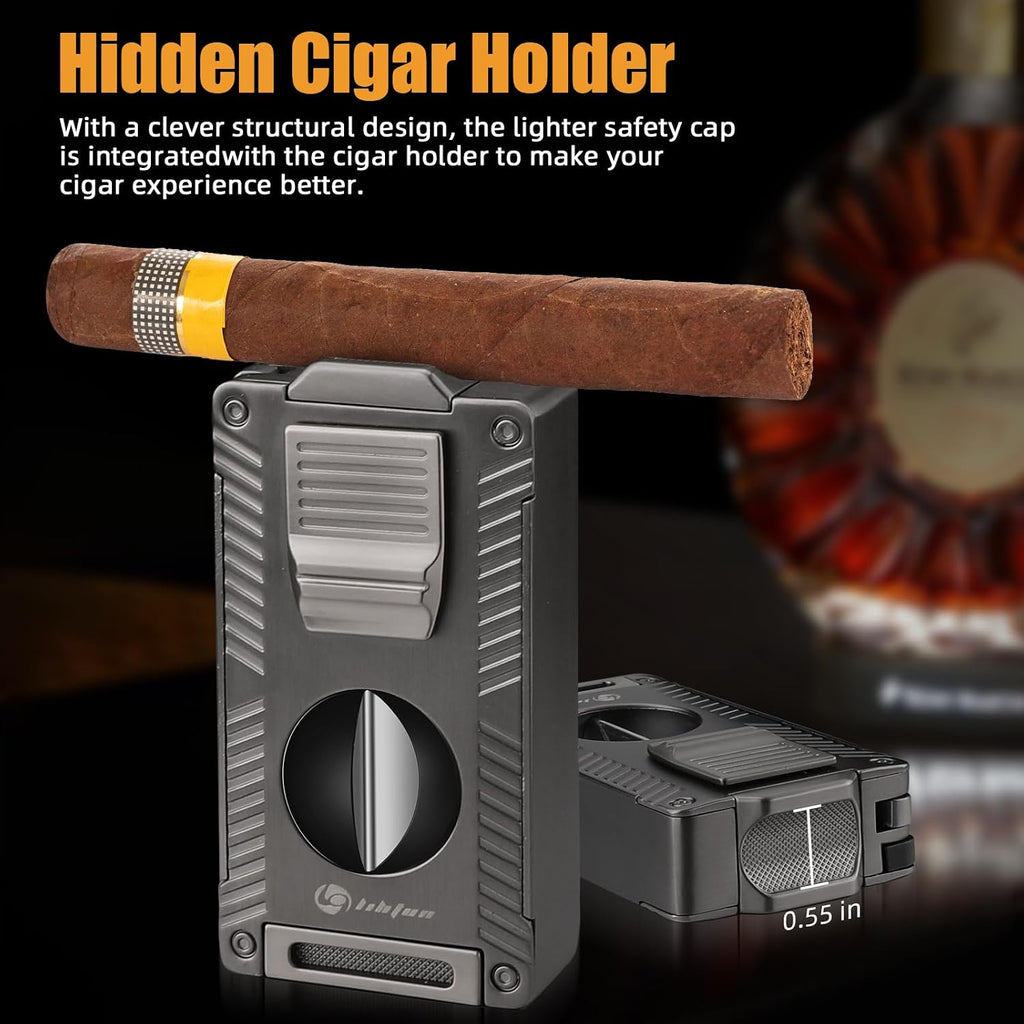 Cigar Torch Lighter, All-In-1 Cigar Lighter Built-In Cigar Holder Cigar Punch Cigar Draw Enhancer Cigar Cutter V Cut, Double Jet Flame Refillable Butane Lighters for Smoking, Cigar Gift for Men