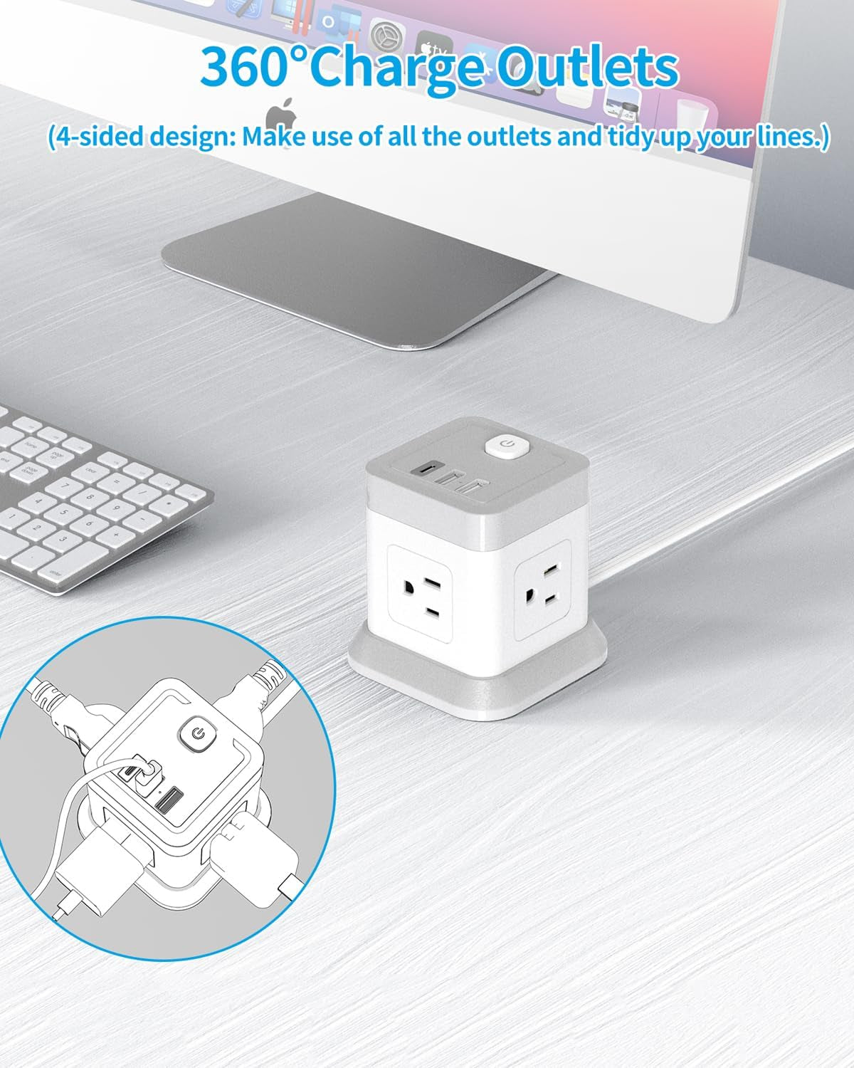 Power Strip USB C, 4 Outlets 3 USB Ports 5 FT Extension Cord White | Flat Plug Design Overload Protection Compact Portable Power Strip for Travel Home Office Desk & Bedroom Use ETL Listed