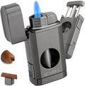 Cigar Torch Lighter, Multi-Function 3-In-1 Torch Lighter Gift for Men, Butane Lighters Built-In Cigar Holder & One-Touch Cigar Cutter V Cut, Windproof Triple Jet Flame Lighter for Men