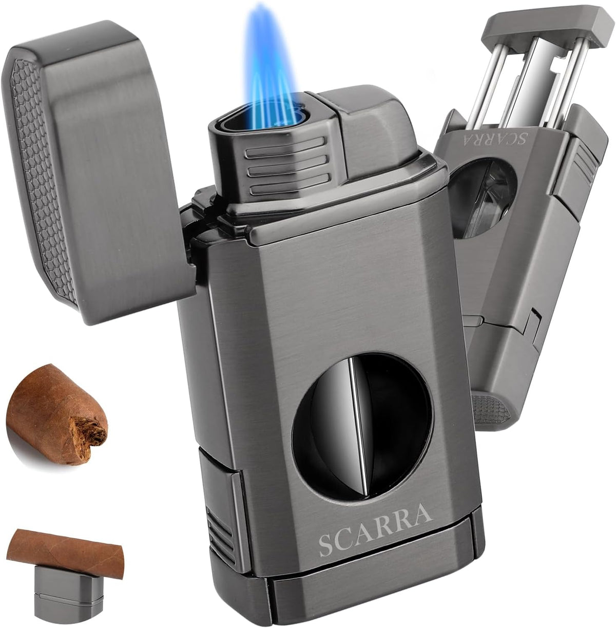 Cigar Torch Lighter, Multi-Function 3-In-1 Torch Lighter Gift for Men, Butane Lighters Built-In Cigar Holder & One-Touch Cigar Cutter V Cut, Windproof Triple Jet Flame Lighter for Men