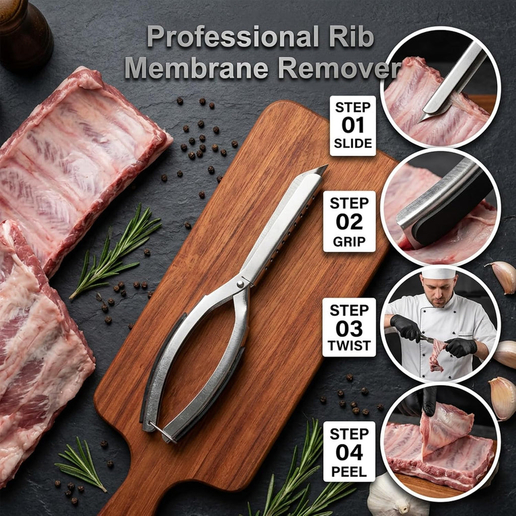 Rib Membrane Removal Tool, Heavy Duty Stainless Steel BBQ Prep Kit with Ergonomic Non-Slip Grip for Effortless Pork and Beef Rib Skinner, Essential Grilling and Meat Preparation Accessory