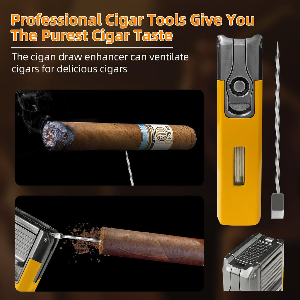5-In-1 Cigar Lighter with Double Jet Flame, V-Cutter, Punch, Draw Enhancer & Cigar Rest, Windproof Refillable Butane Lighter, All-In-One Cigar Accessory Gift for Men