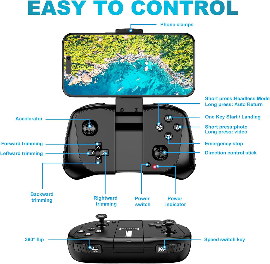Drone with 1080P Camera for Beginners and Adults, Foldable Remote Control Quadcopter with Voice Control, Gestures Selfie, Altitude Hold, One Key Start, 3D Flips, 2 Batteries, Not Water-Proof, Toy for Beginners