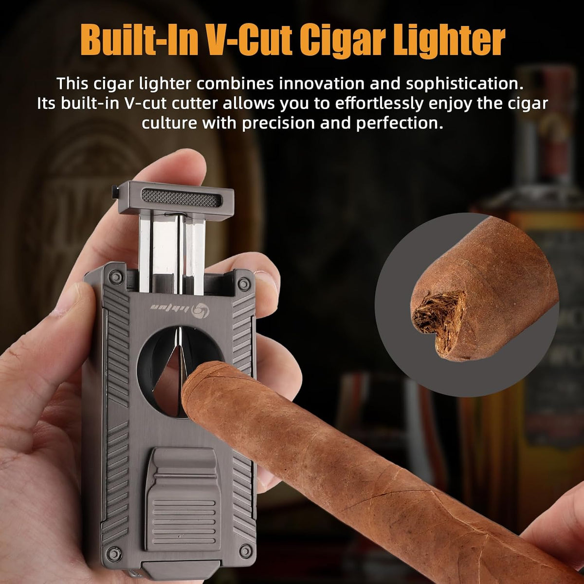 Cigar Torch Lighter, All-In-1 Cigar Lighter Built-In Cigar Holder Cigar Punch Cigar Draw Enhancer Cigar Cutter V Cut, Double Jet Flame Refillable Butane Lighters for Smoking, Cigar Gift for Men