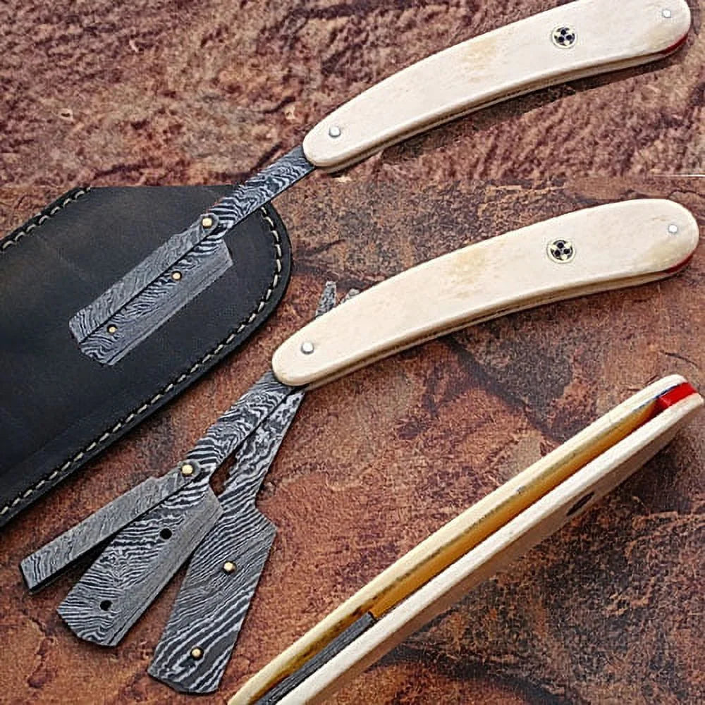 Custom Made Damascus Steel Blade Razor W/ Camel Horn Handle