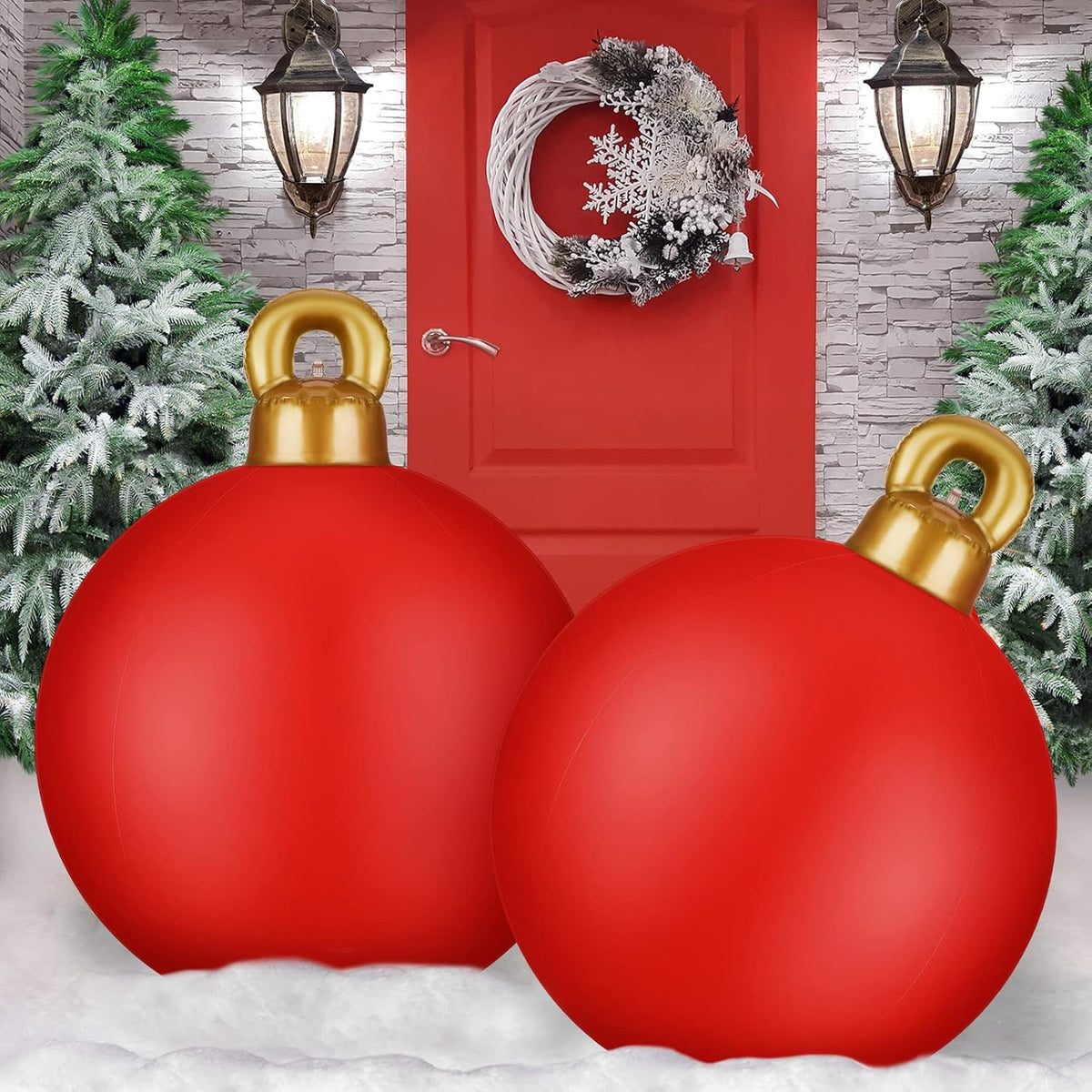 2 Pieces 32 Inch Giant PVC Inflatable Christmas in July Decorated Ball Ornaments Outdoor Large Xmas Blow Ball Decorations for Christmas in July Party Decor(Solid,Red)