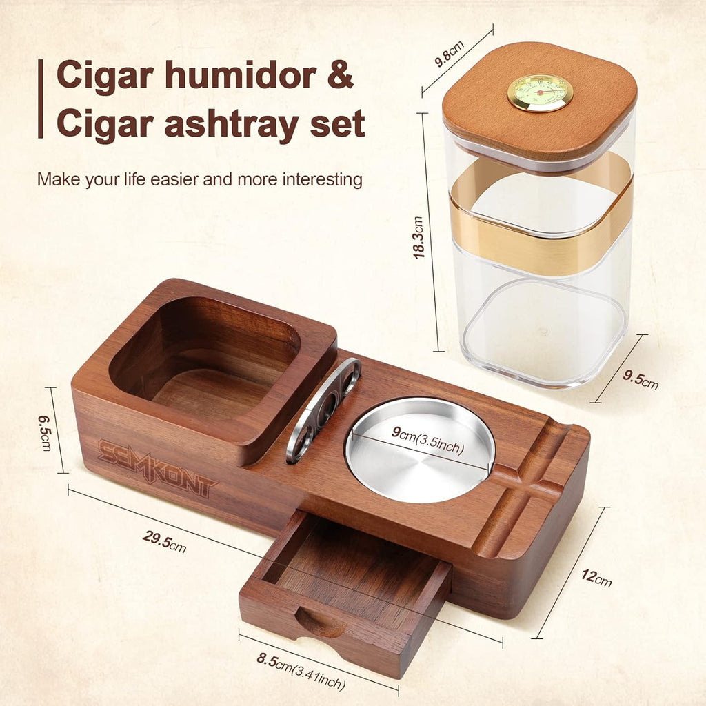 Cigar Humidor and Ashtray Set, Wooden Tray with Acrylic Humidor Jar, Cutter Holder, Drawer, Slot and Cigar Cutter Accessories, Home Gift Sets for Men