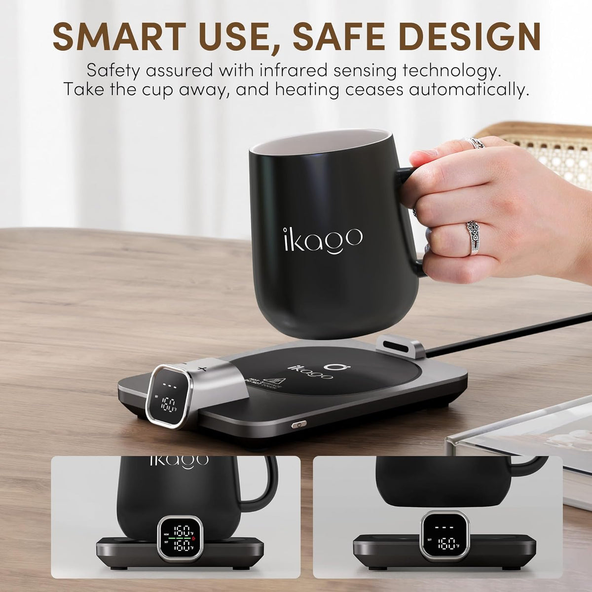 Coffee Cup Warmer &  Mug Set, 1℉ Precise Temp Control Mug Warmer | Auto Shut Off, Infrared Sensor, Dual Temp Display, ℉/℃ Optional, 15Oz Mug with Spoon & Lid Included, Gifts for Men Women