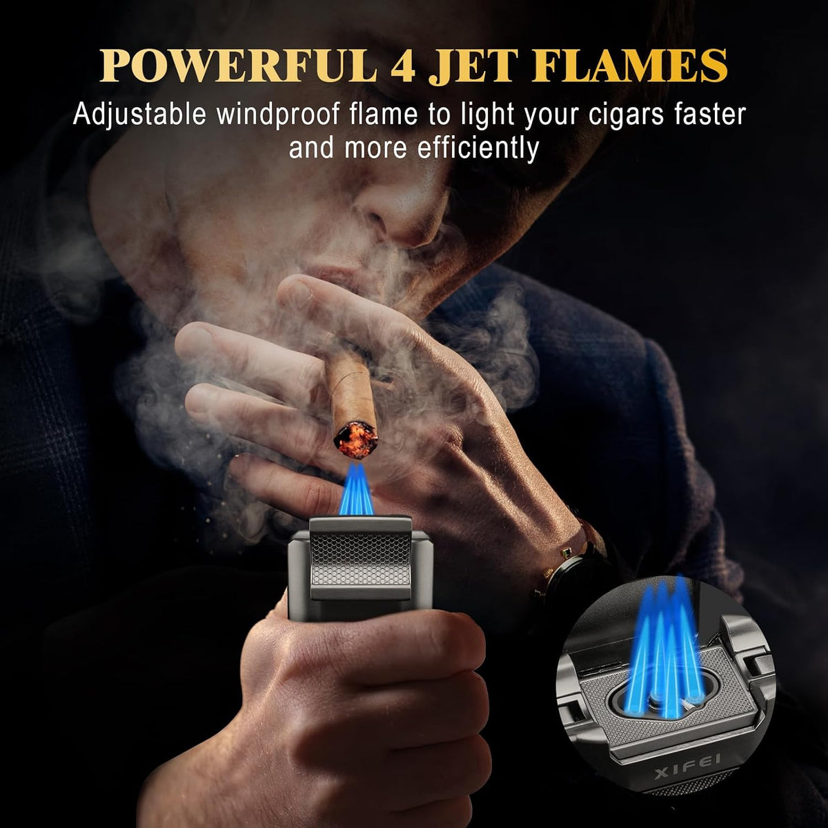 6-In-1 Cigar Lighter, Desktop Torch Lighter with Straight Cut V-Cut Cigar Cutter, Dual Cigar Punch, Cigar Draw Enhancer, Cigar Holder, 4 Jet Flame Refillable Butane Lighter Gift for Men (Gray)