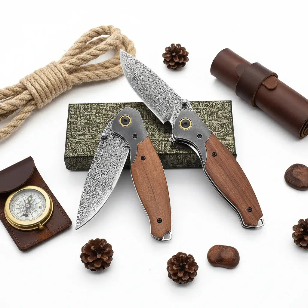 VG10 Damascus Steel Folding Knife – Premium EDC Pocket Knife with Mahogany Handle for Camping & Outdoor