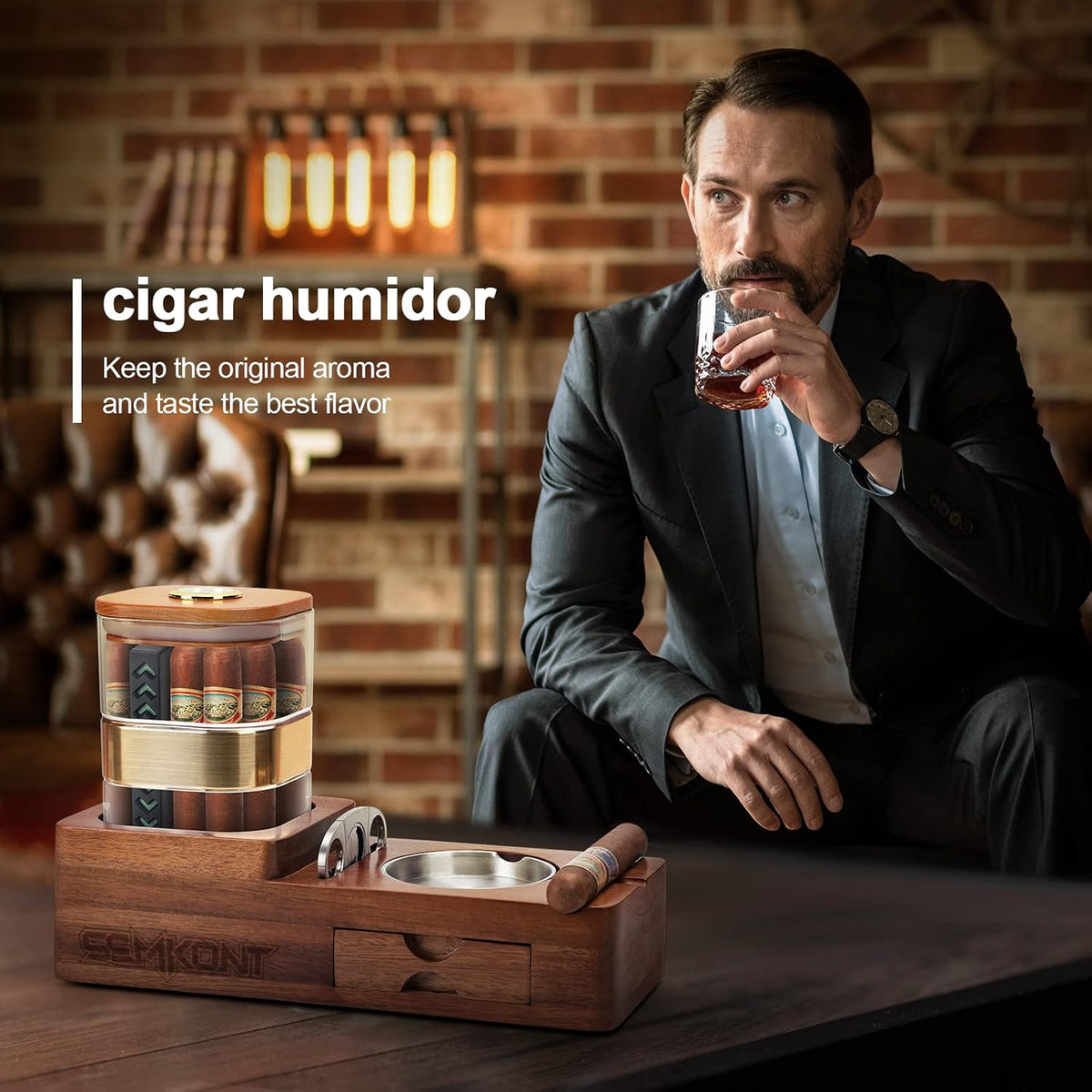 Cigar Humidor and Ashtray Set, Wooden Tray with Acrylic Humidor Jar, Cutter Holder, Drawer, Slot and Cigar Cutter Accessories, Home Gift Sets for Men