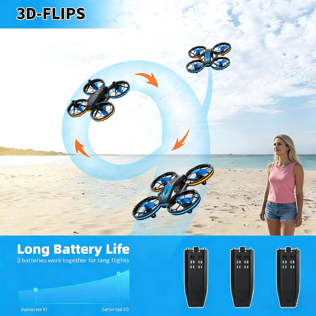Drones - RC Drone with Auto Hovering and Headless Mode, Quadcopter with LED Light, Propeller Full Protect, 3D Flips, 3 Batteries, Remote Control, Best Gifts
