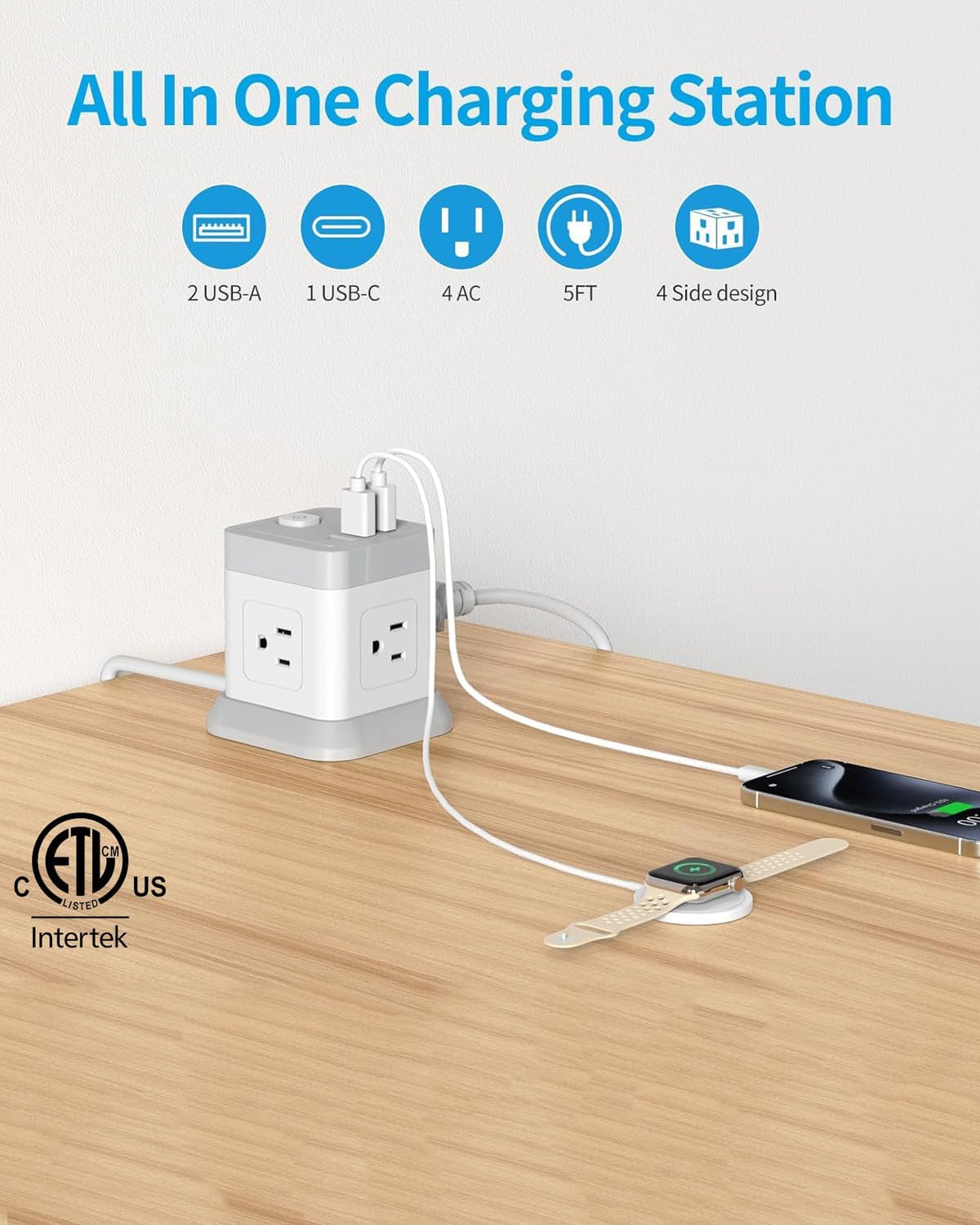 Power Strip USB C, 4 Outlets 3 USB Ports 5 FT Extension Cord White | Flat Plug Design Overload Protection Compact Portable Power Strip for Travel Home Office Desk & Bedroom Use ETL Listed
