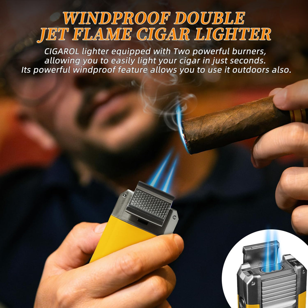 5-In-1 Cigar Lighter with Double Jet Flame, V-Cutter, Punch, Draw Enhancer & Cigar Rest, Windproof Refillable Butane Lighter, All-In-One Cigar Accessory Gift for Men