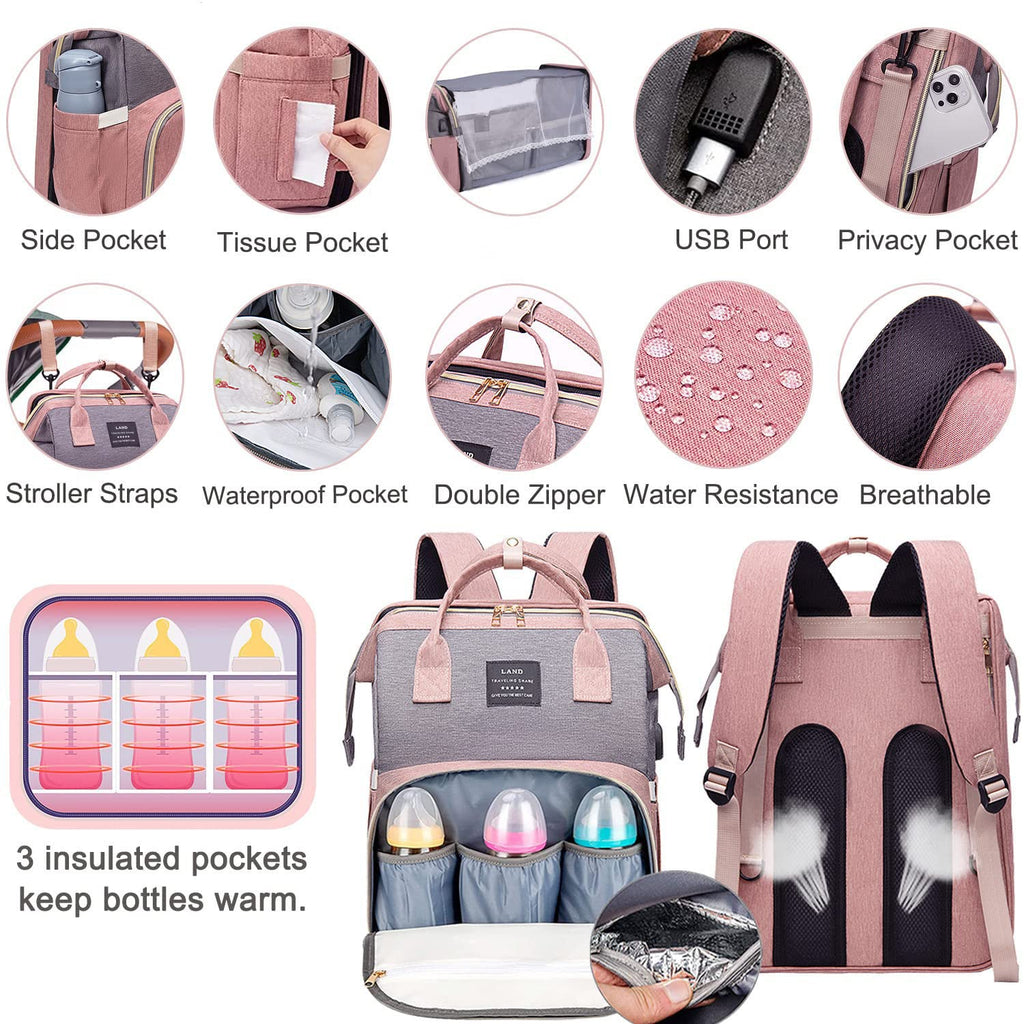 Baby Diaper Bags Backpack with Changing Station(Pink-Grey) | Waterproof Diaper Bag Backpack for Moms Dads with USB Charging Port,Large Capacity Multifunctional Baby Essentials